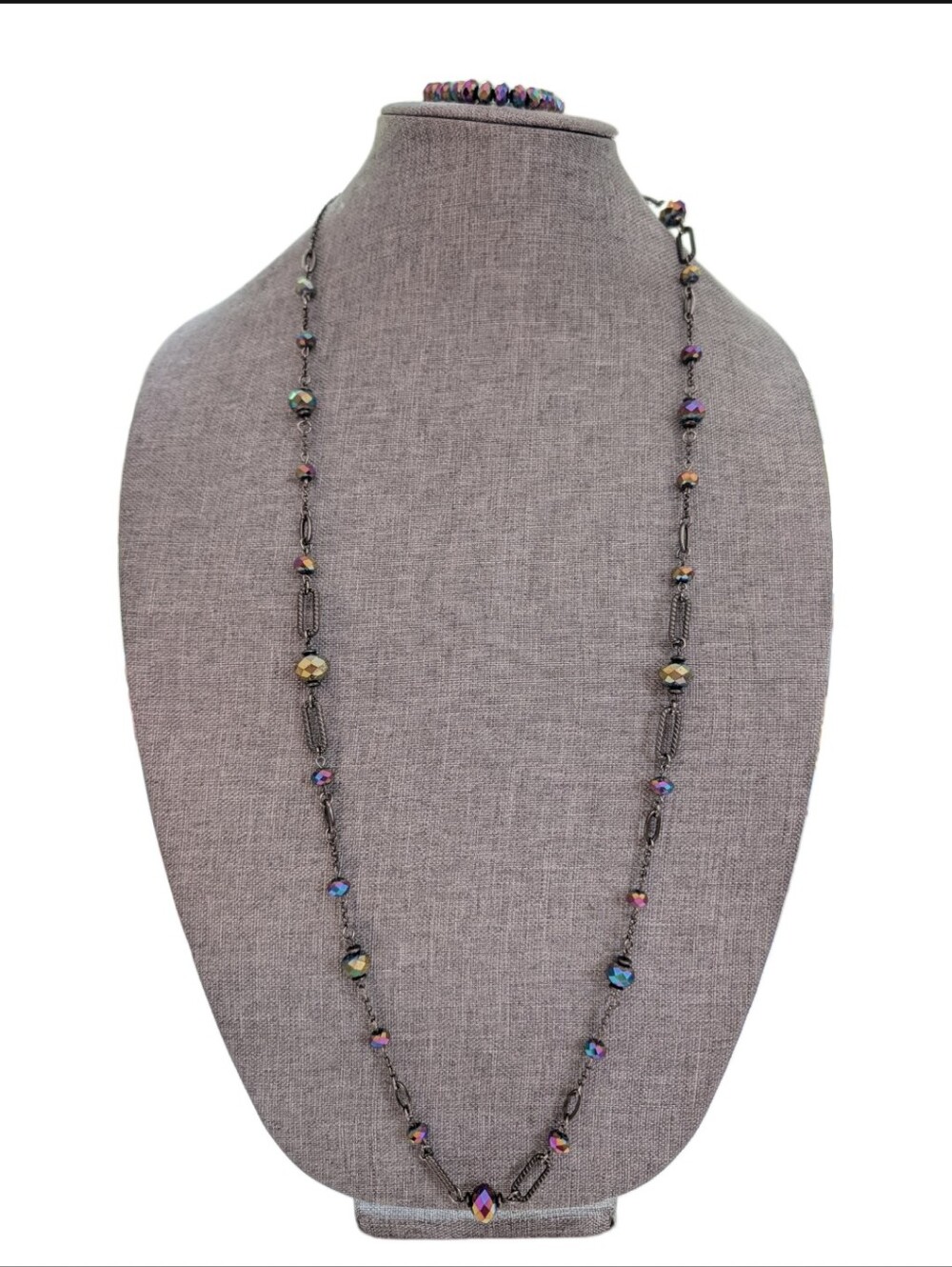 Trendy Silver Tone Rainbow Glass Beaded Long Layering Necklace Stretch Bracelet